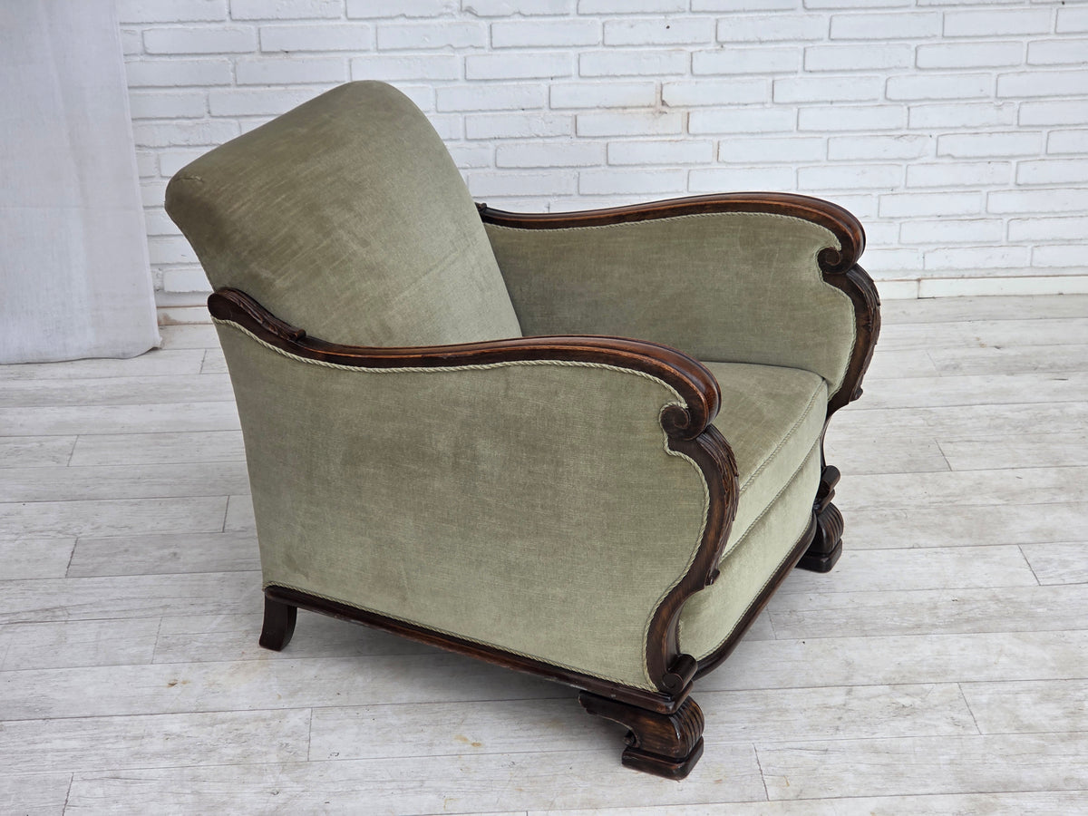 1950s, Danish relax armchair, furniture velour, carved oak wood.