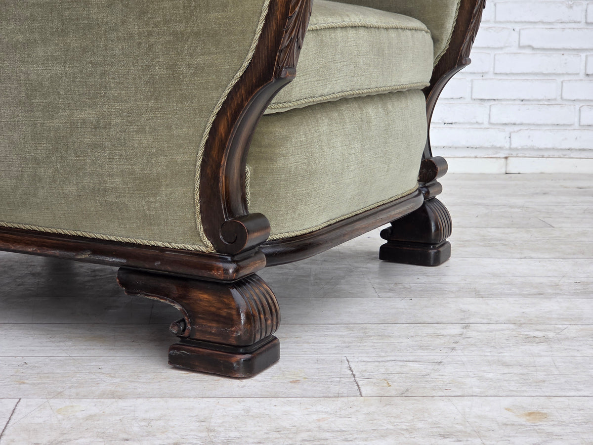 1950s, Danish relax armchair, furniture velour, carved oak wood.