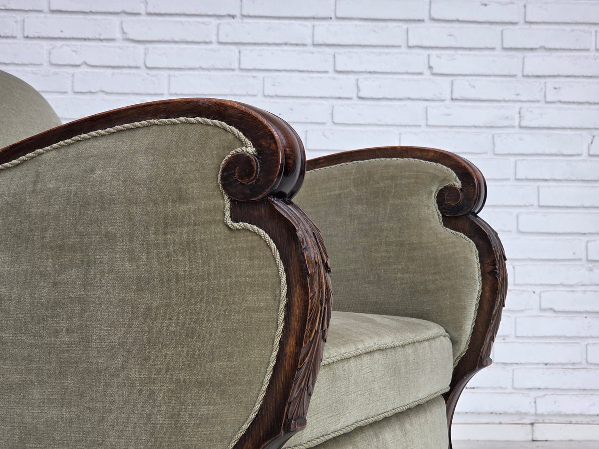 1950s, Danish relax armchair, furniture velour, carved oak wood.