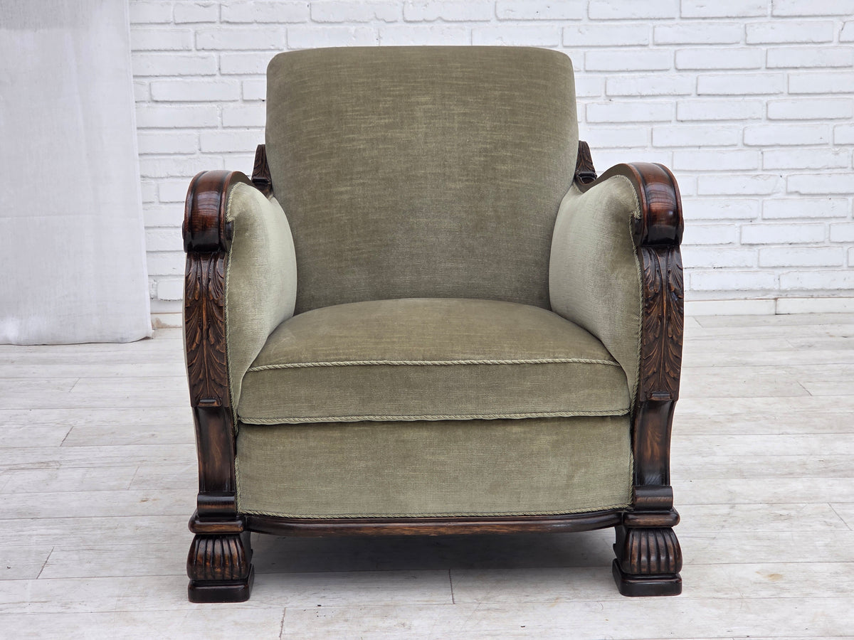 1950s, Danish relax armchair, furniture velour, carved oak wood.