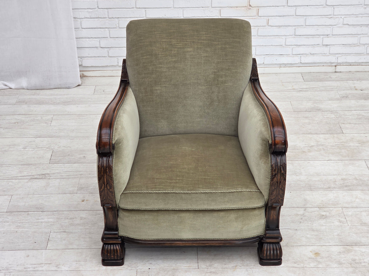 1950s, Danish relax armchair, furniture velour, carved oak wood.