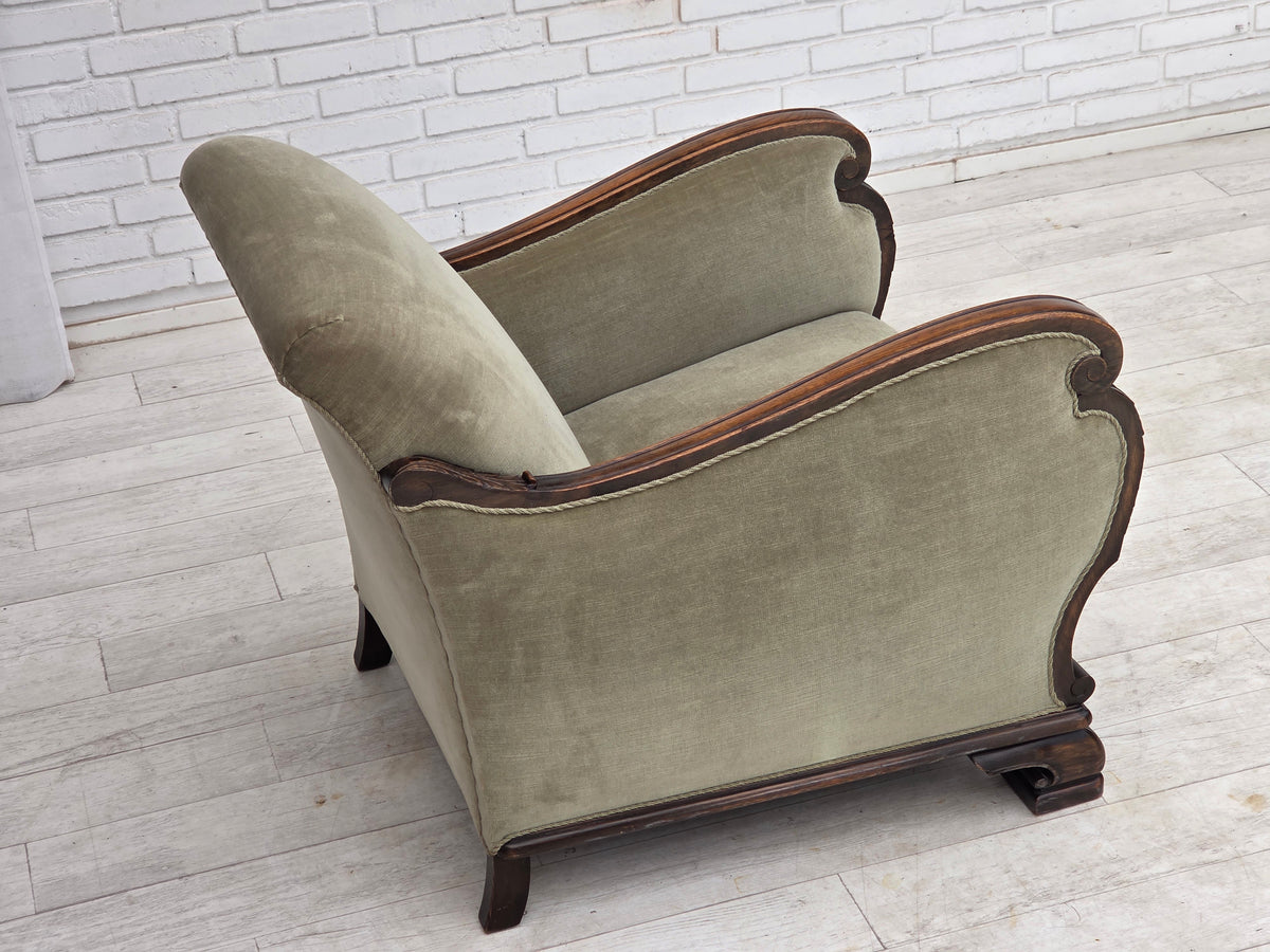 1950s, Danish relax armchair, furniture velour, carved oak wood.