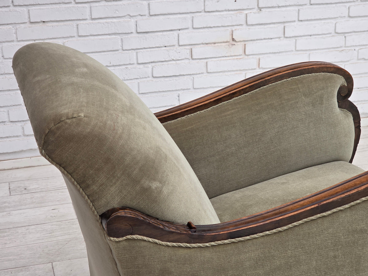 1950s, Danish relax armchair, furniture velour, carved oak wood.