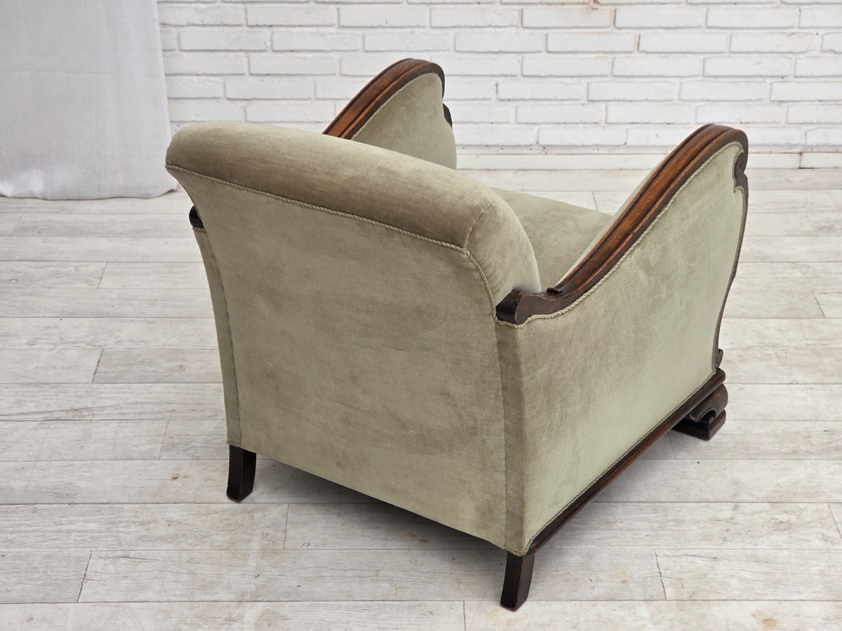 1950s, Danish relax armchair, furniture velour, carved oak wood.