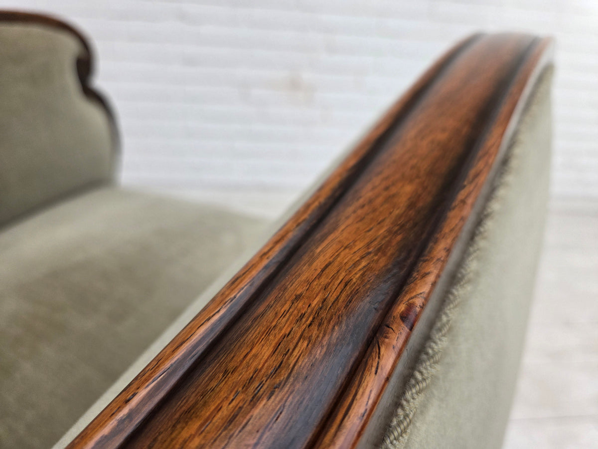 1950s, Danish relax armchair, furniture velour, carved oak wood.
