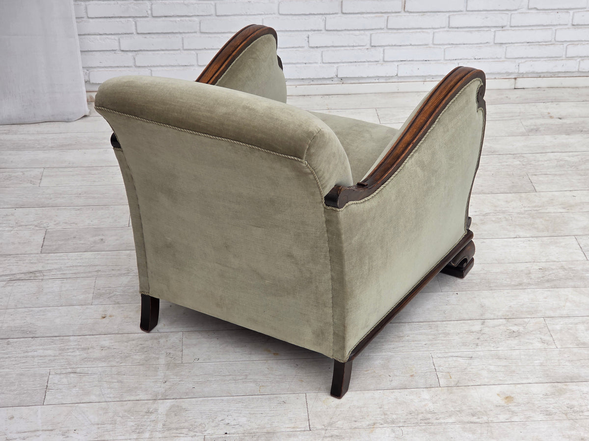 1950s, Danish relax armchair, furniture velour, carved oak wood.