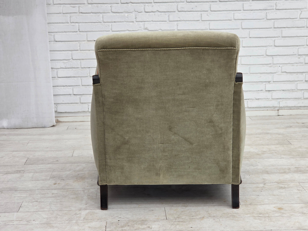 1950s, Danish relax armchair, furniture velour, carved oak wood.