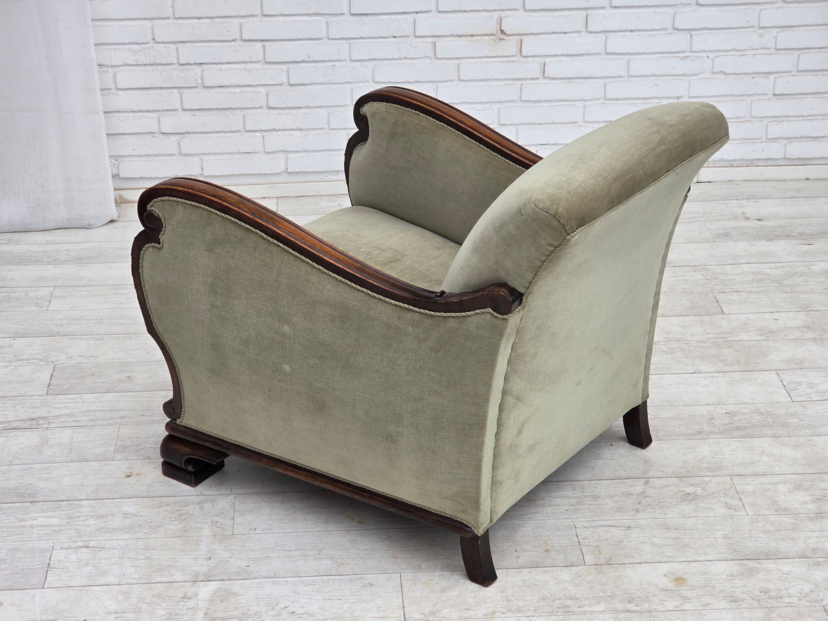 1950s, Danish relax armchair, furniture velour, carved oak wood.