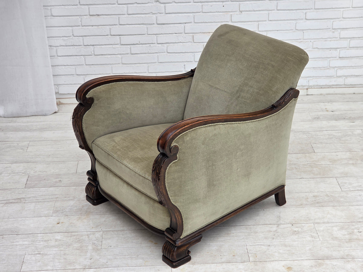1950s, Danish relax armchair, furniture velour, carved oak wood.