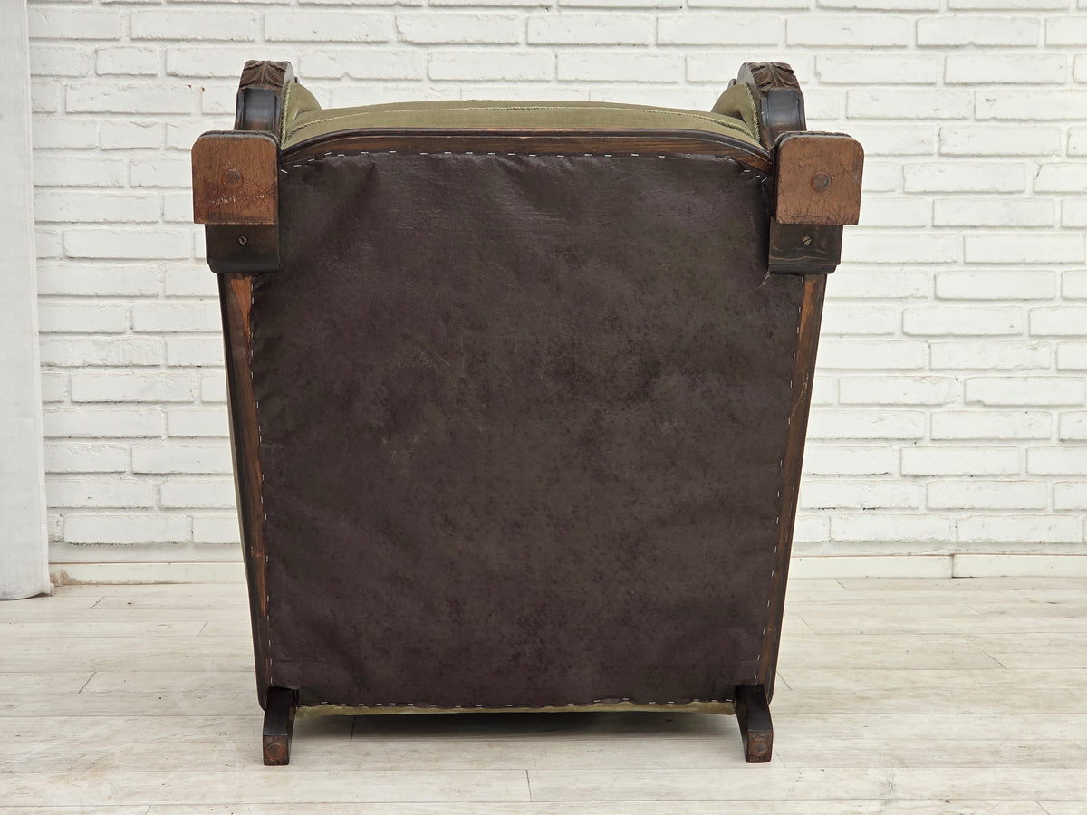 1950s, Danish relax armchair, furniture velour, carved oak wood.