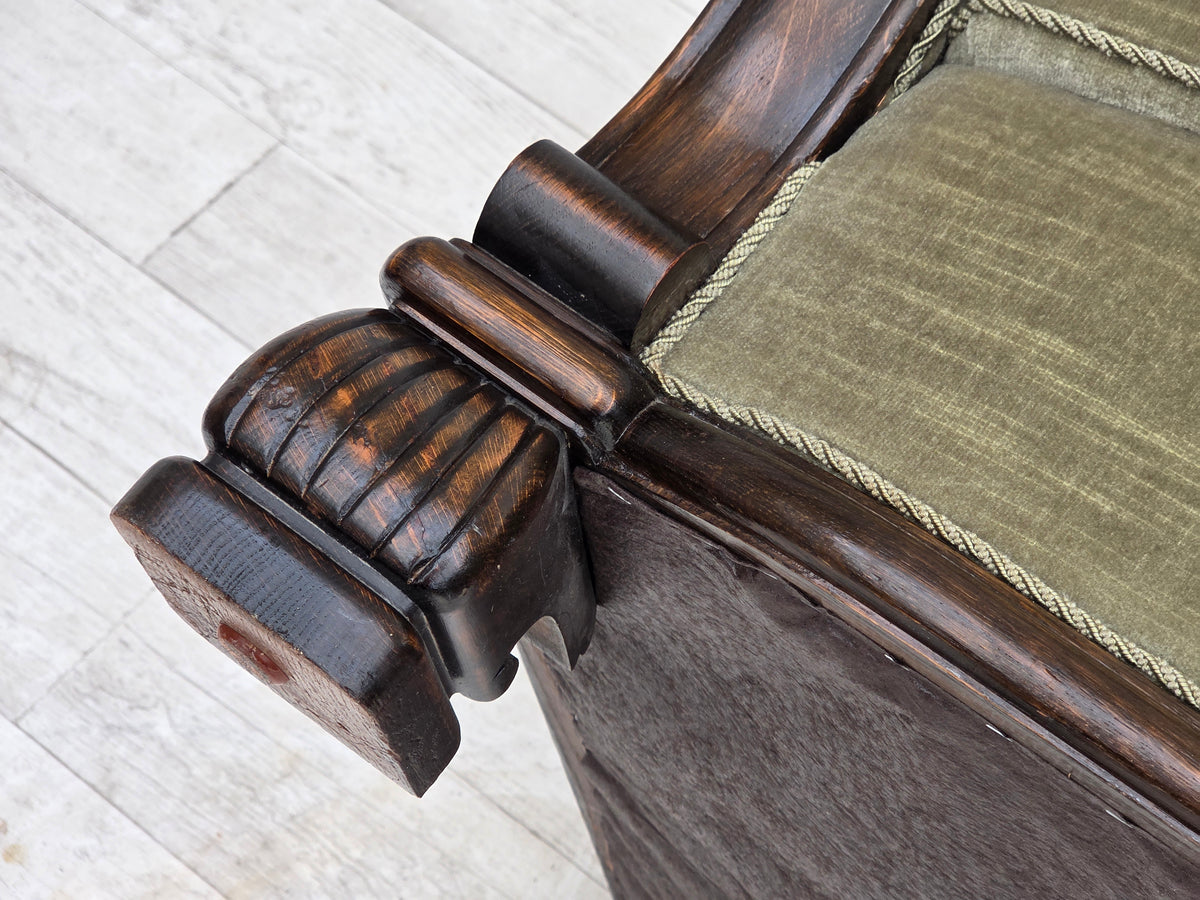 1950s, Danish relax armchair, furniture velour, carved oak wood.