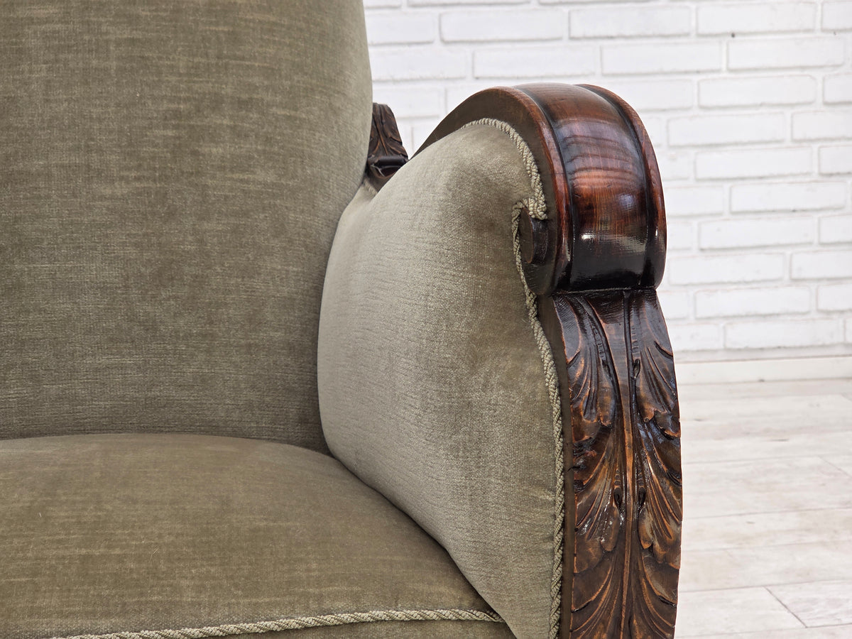 1950s, Danish relax armchair, furniture velour, carved oak wood.