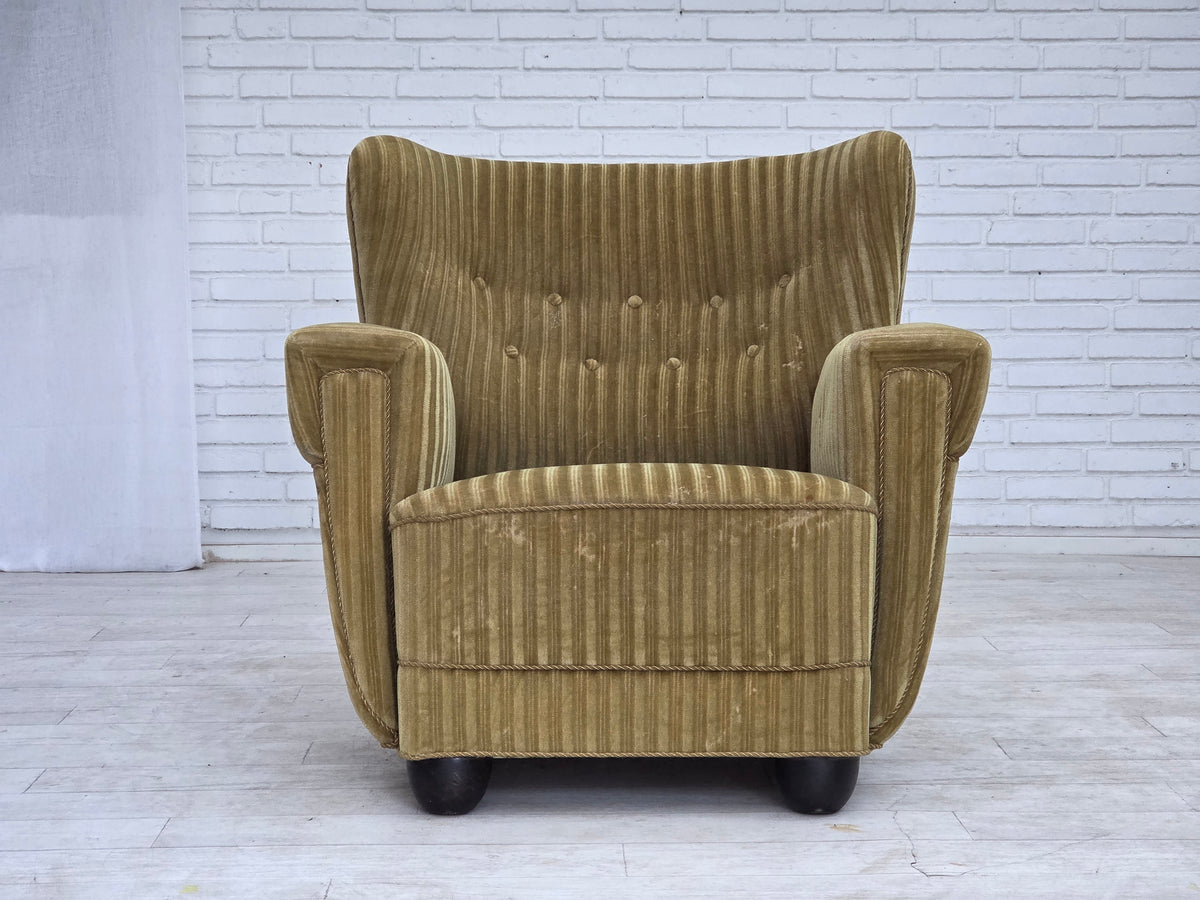 1960s, Danish relax armchair, furniture velour, oak wood.