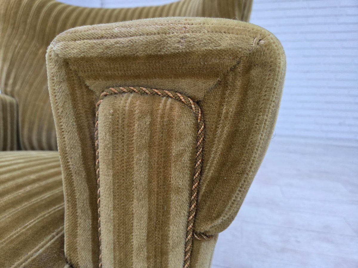 1960s, Danish relax armchair, furniture velour, oak wood.