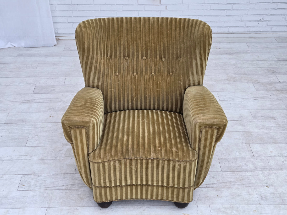 1960s, Danish relax armchair, furniture velour, oak wood.