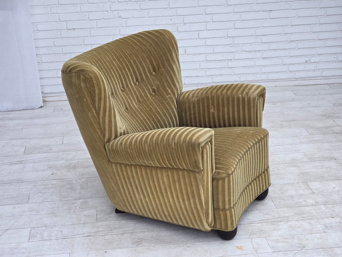 1960s, Danish relax armchair, furniture velour, oak wood.