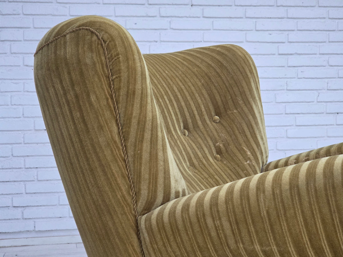 1960s, Danish relax armchair, furniture velour, oak wood.