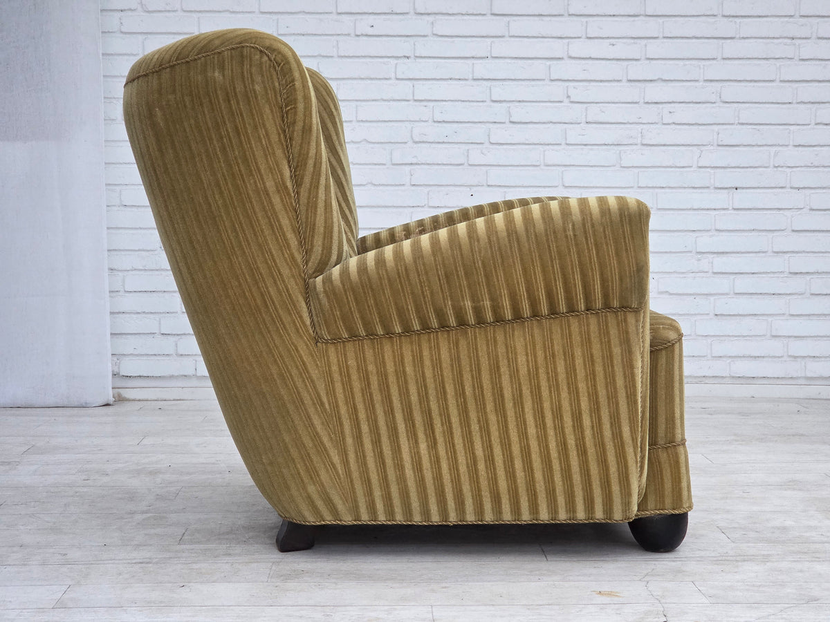 1960s, Danish relax armchair, furniture velour, oak wood.