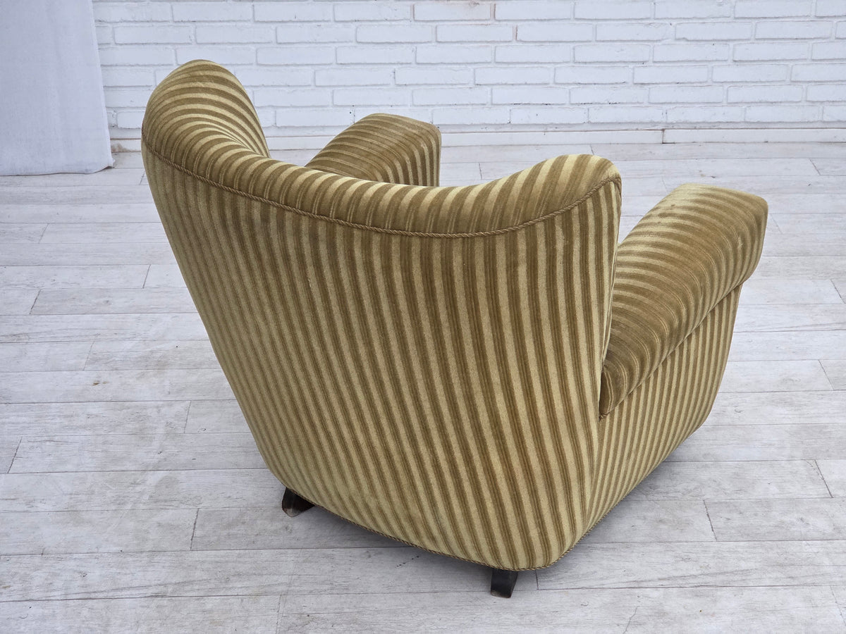 1960s, Danish relax armchair, furniture velour, oak wood.