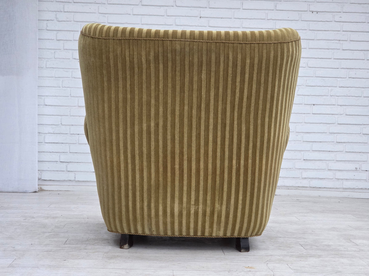 1960s, Danish relax armchair, furniture velour, oak wood.