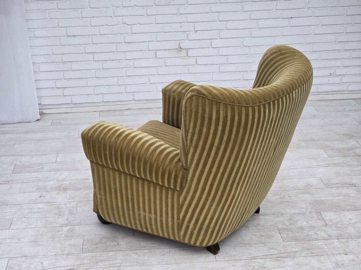 1960s, Danish relax armchair, furniture velour, oak wood.