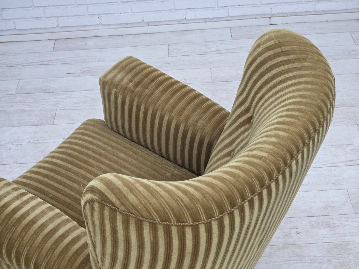 1960s, Danish relax armchair, furniture velour, oak wood.