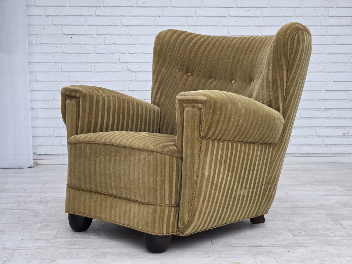 1960s, Danish relax armchair, furniture velour, oak wood.