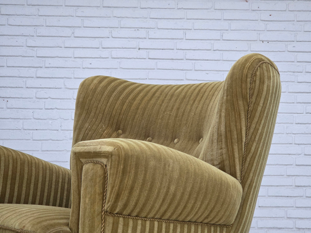 1960s, Danish relax armchair, furniture velour, oak wood.