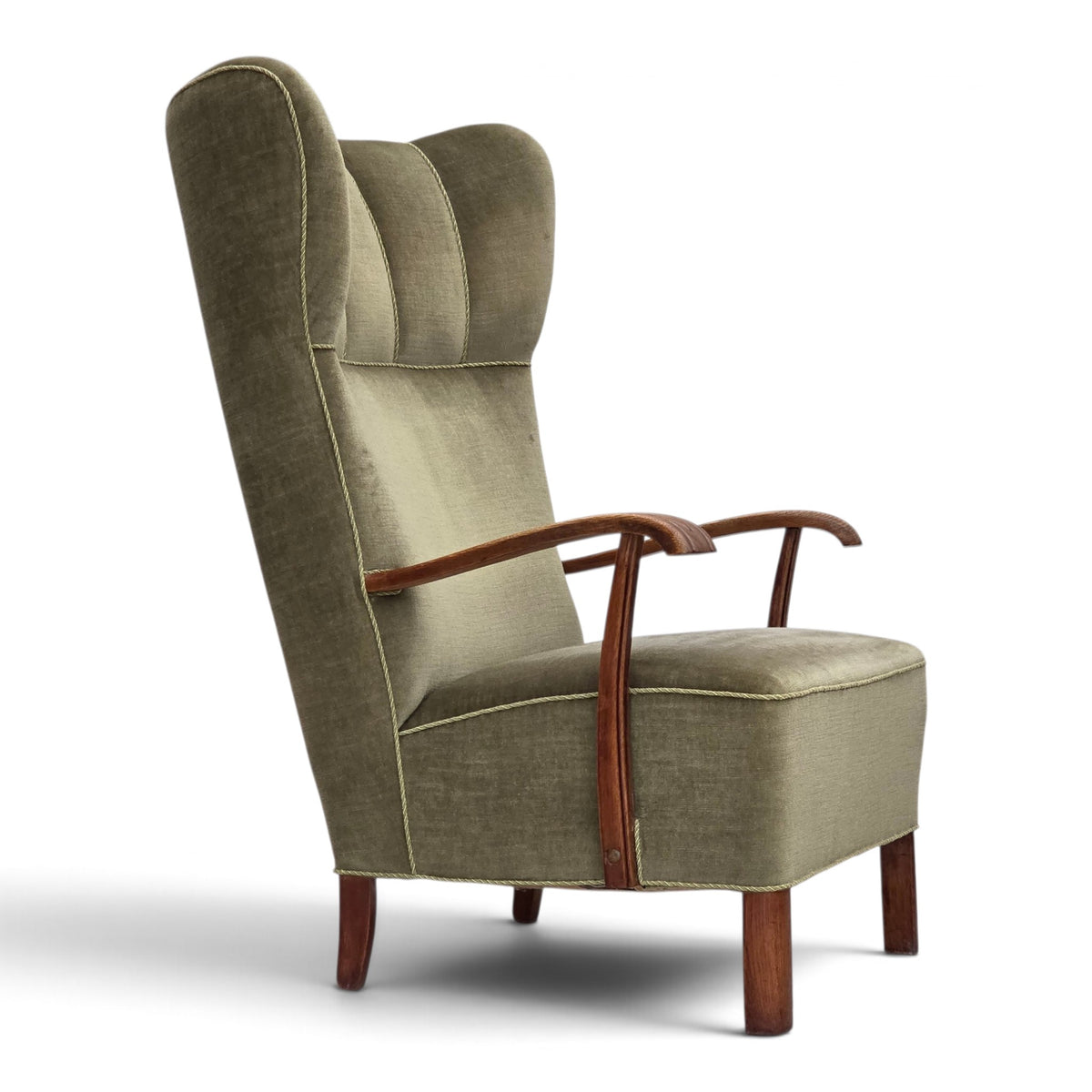 1960s, Danish highback armchair, furniture velour, oak wood.