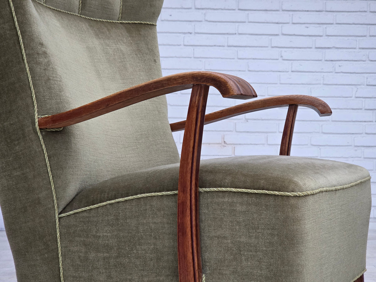 1960s, Danish highback armchair, furniture velour, oak wood.