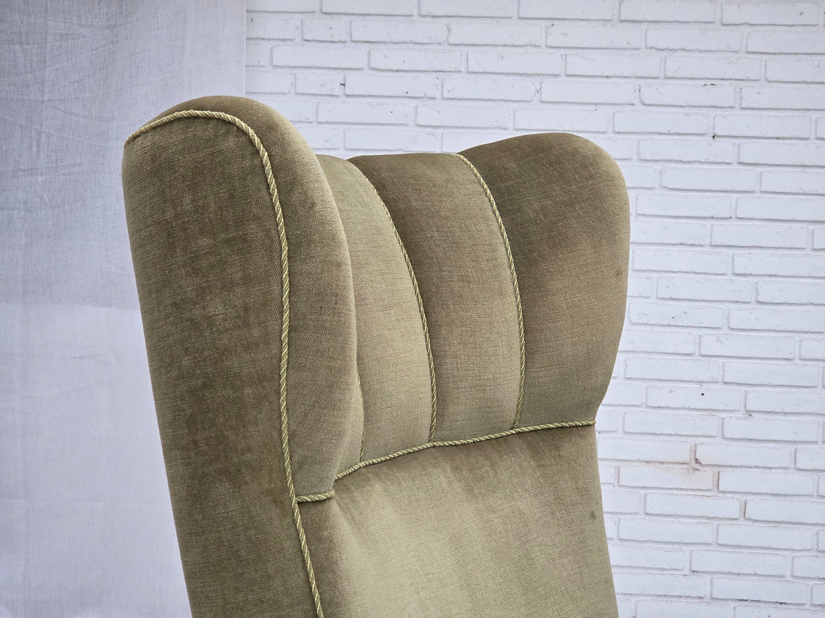 1960s, Danish highback armchair, furniture velour, oak wood.