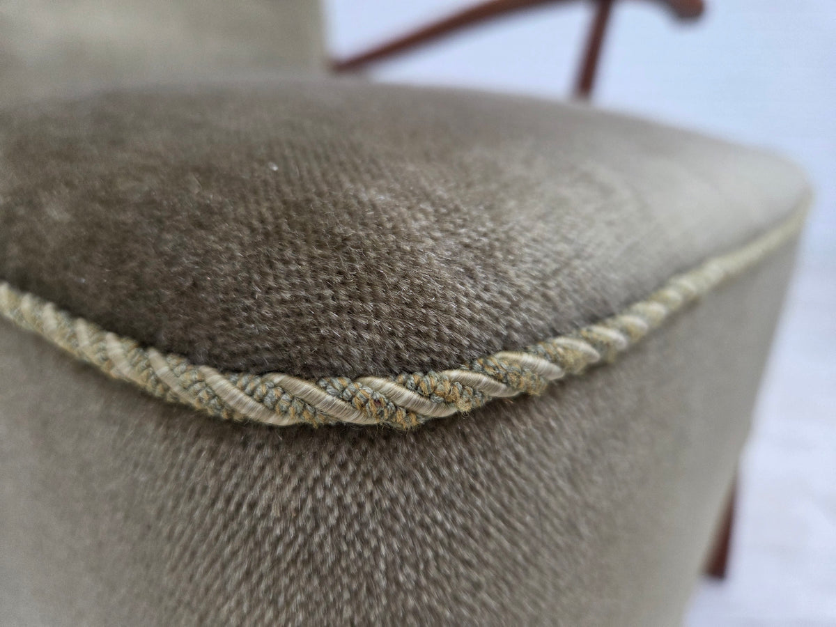 1960s, Danish highback armchair, furniture velour, oak wood.