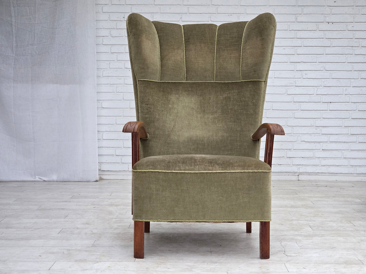 1960s, Danish highback armchair, furniture velour, oak wood.