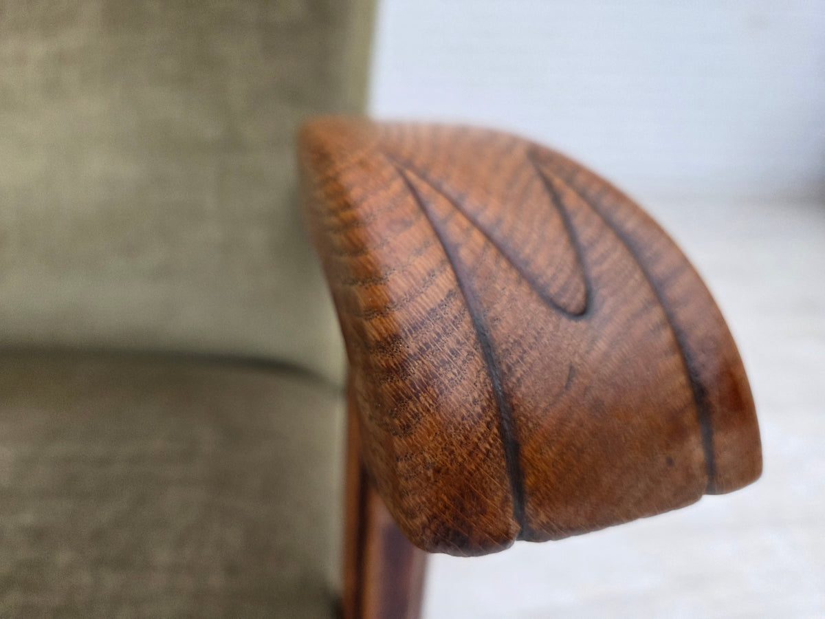 1960s, Danish highback armchair, furniture velour, oak wood.