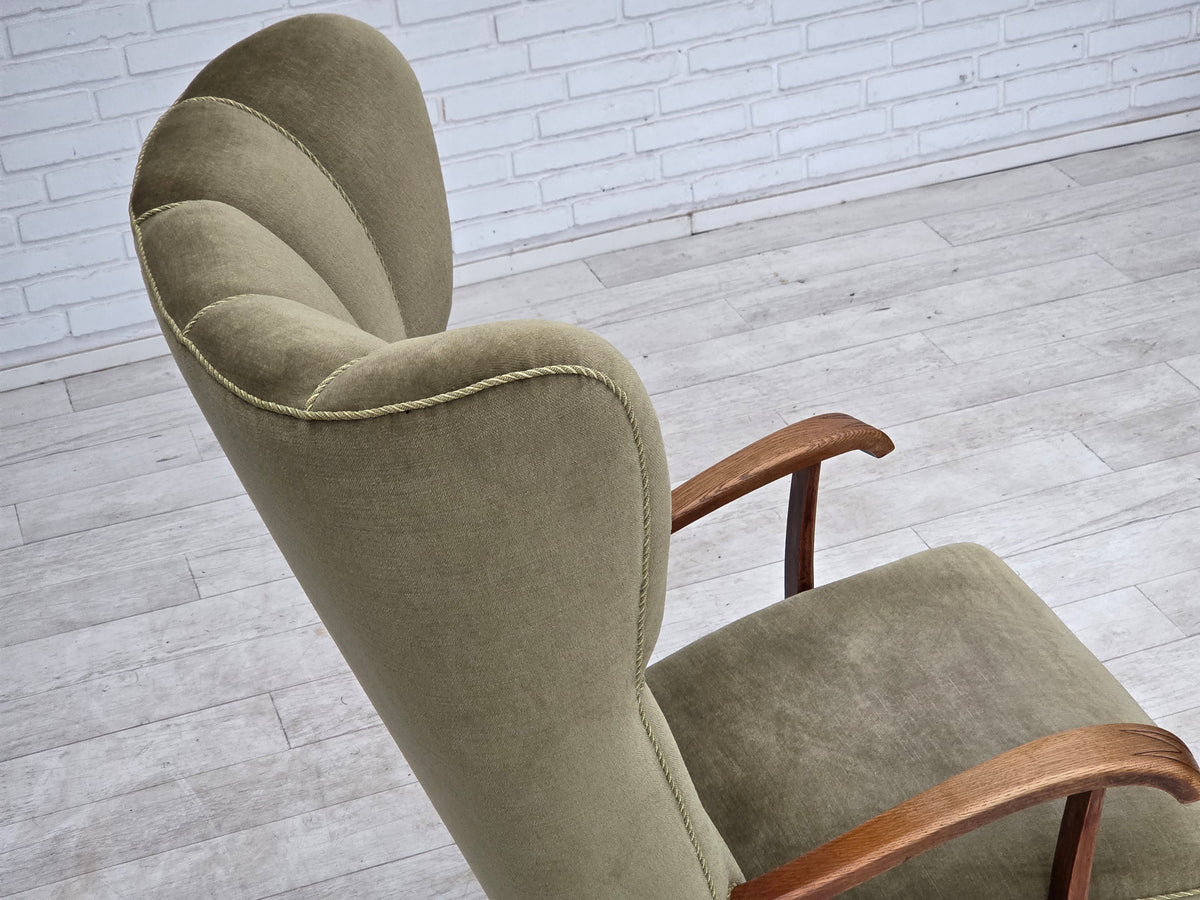 1960s, Danish highback armchair, furniture velour, oak wood.