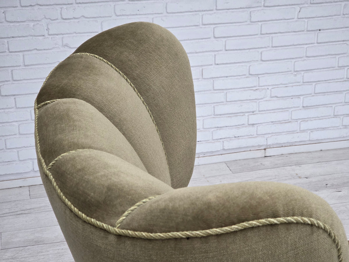1960s, Danish highback armchair, furniture velour, oak wood.
