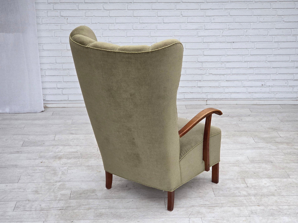 1960s, Danish highback armchair, furniture velour, oak wood.