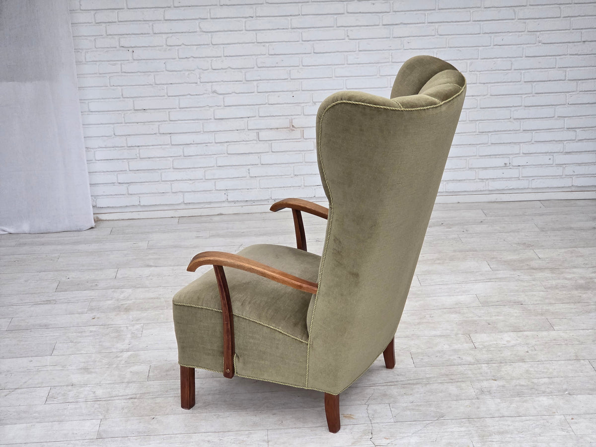 1960s, Danish highback armchair, furniture velour, oak wood.