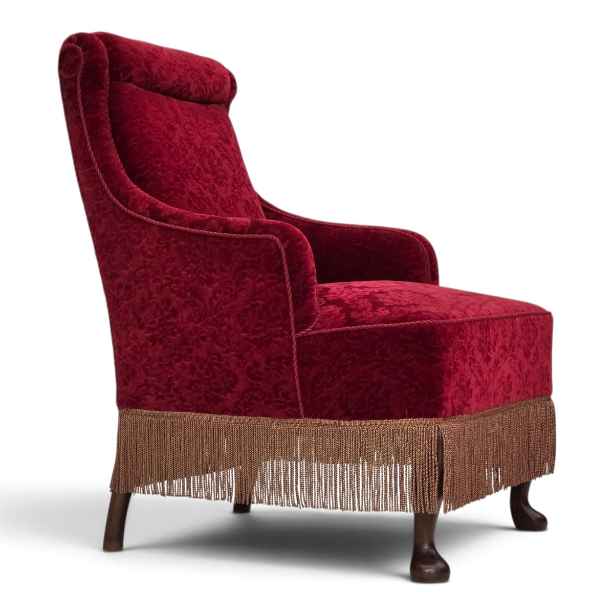 1950s, Danish vintage armchair, furniture velour, oak wood.