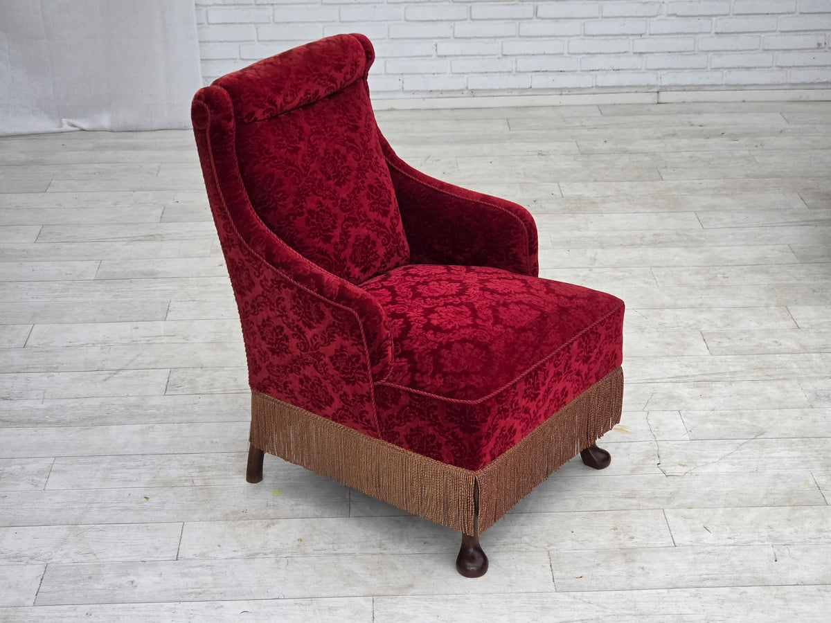 1950s, Danish vintage armchair, furniture velour, oak wood.