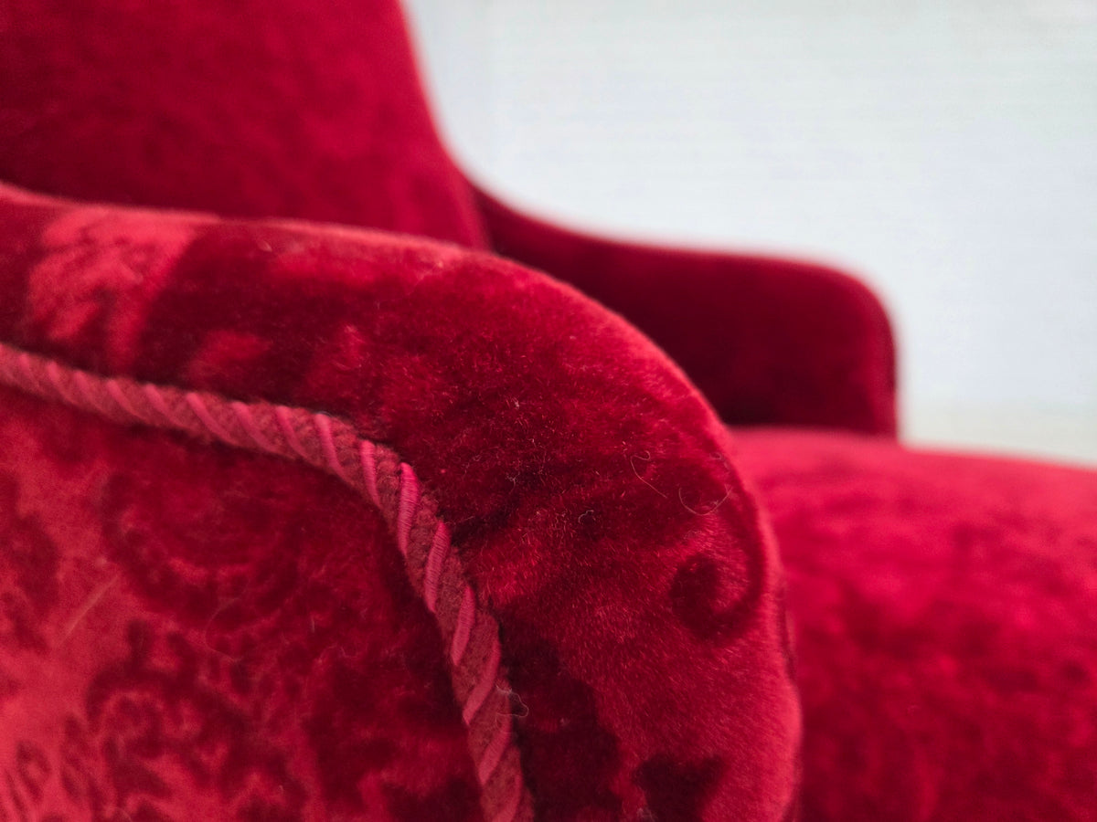 1950s, Danish vintage armchair, furniture velour, oak wood.