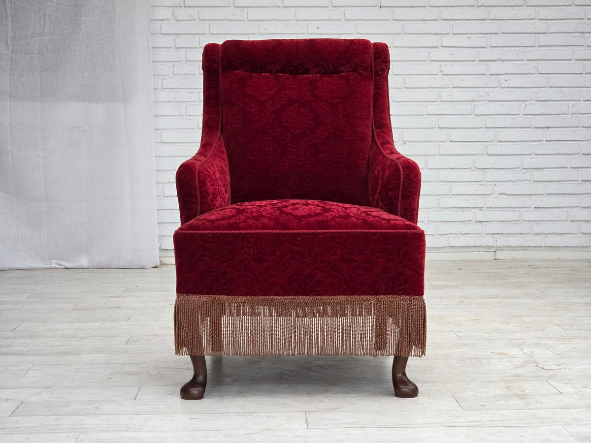1950s, Danish vintage armchair, furniture velour, oak wood.