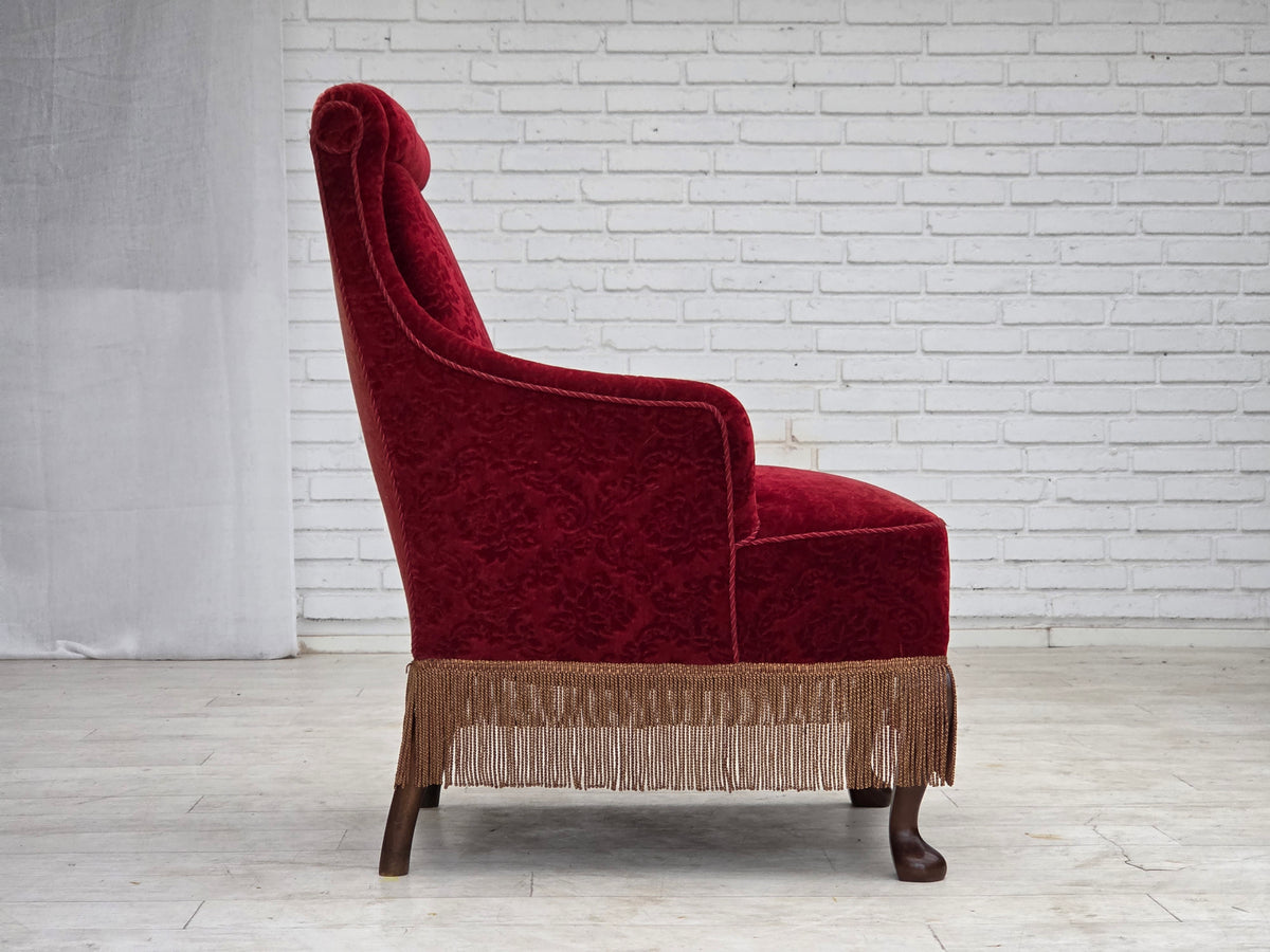 1950s, Danish vintage armchair, furniture velour, oak wood.