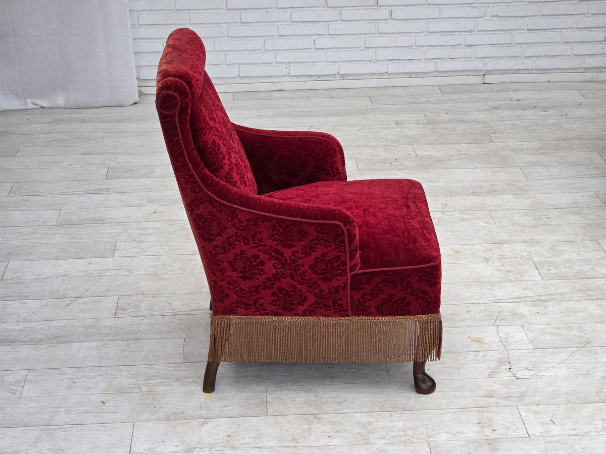 1950s, Danish vintage armchair, furniture velour, oak wood.