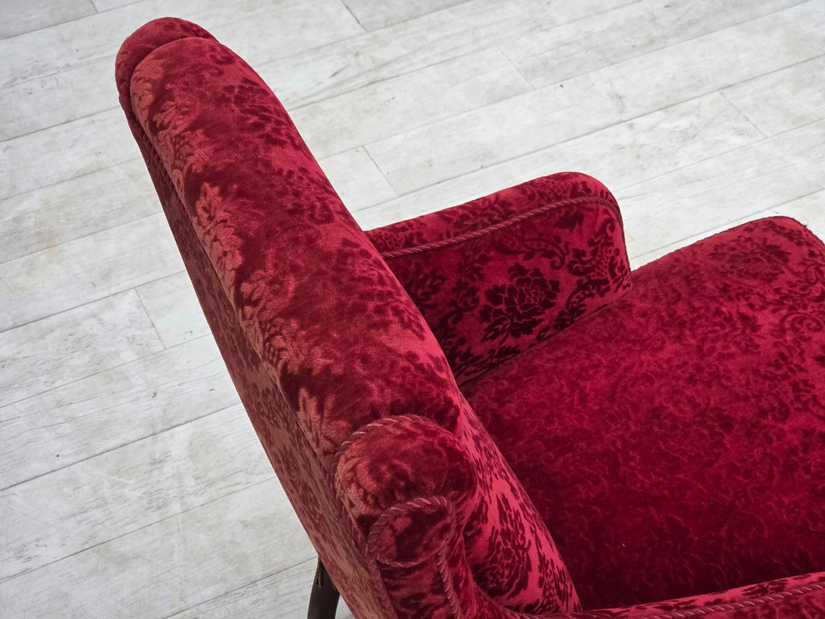 1950s, Danish vintage armchair, furniture velour, oak wood.