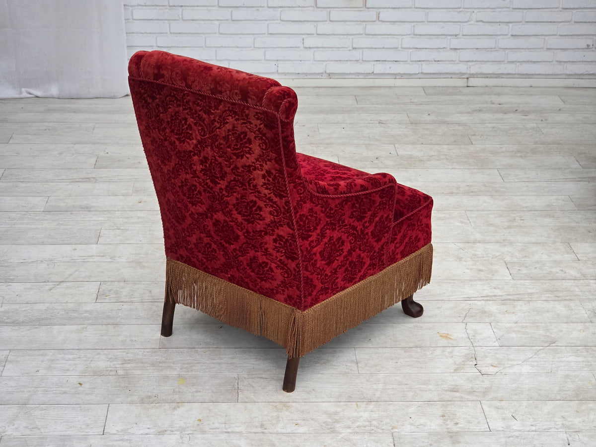 1950s, Danish vintage armchair, furniture velour, oak wood.