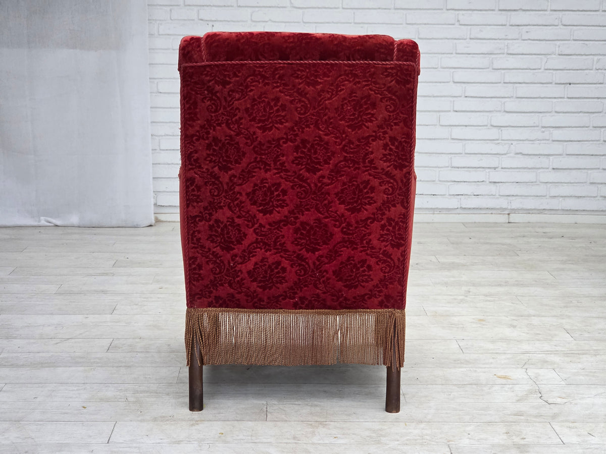 1950s, Danish vintage armchair, furniture velour, oak wood.