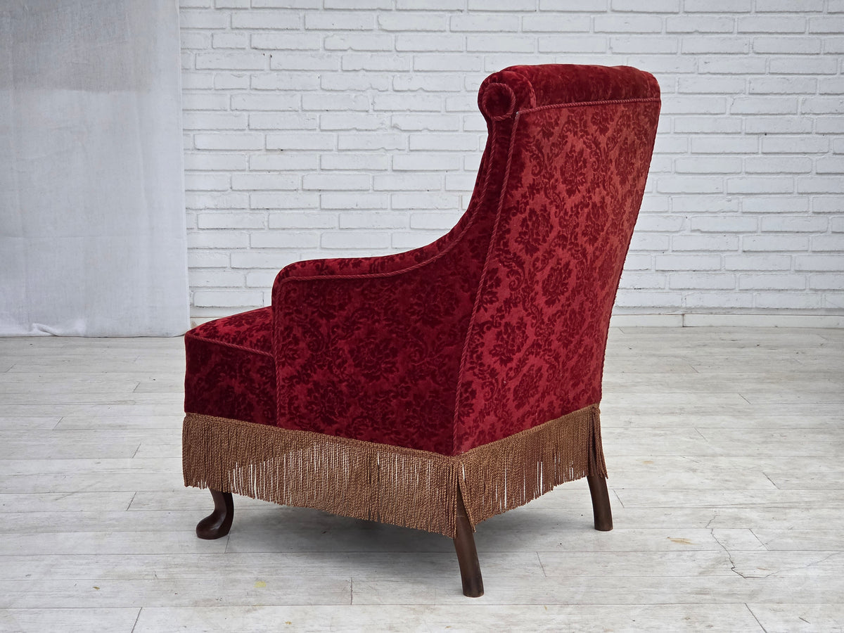 1950s, Danish vintage armchair, furniture velour, oak wood.
