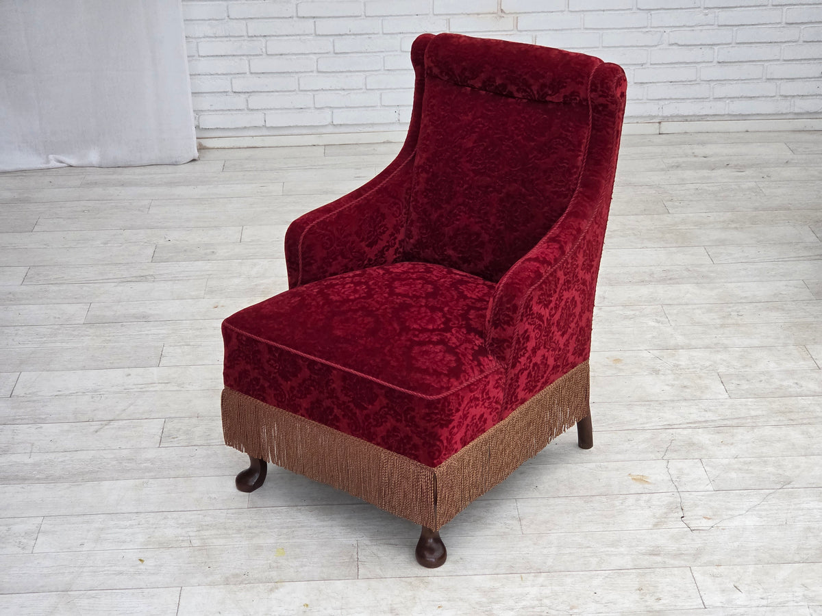 1950s, Danish vintage armchair, furniture velour, oak wood.