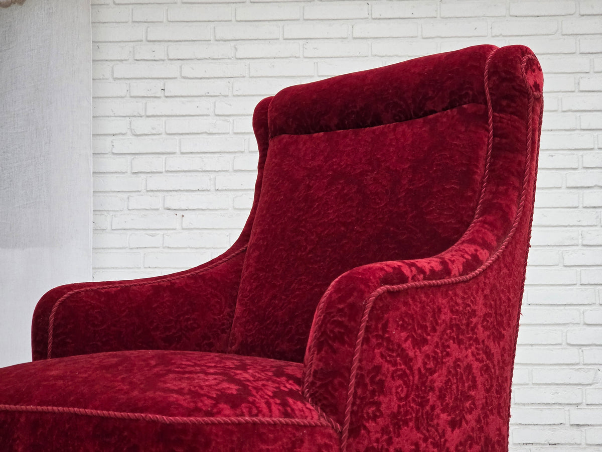 1950s, Danish vintage armchair, furniture velour, oak wood.